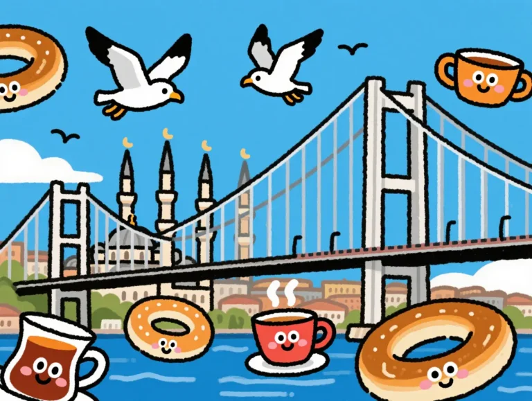 Cartoon style Istanbul Bosphorus bridge with Turkish cultural elements