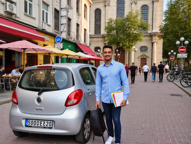 A student standing next to a compact rental car, holding car keys, with a cityscape of Turkey in the background.