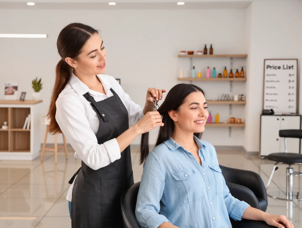 Woman getting a haircut in a small, affordable beauty salon