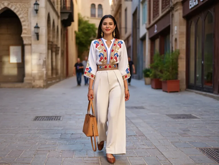 Modern woman in contemporary patterned attire blending cultural elements with urban style