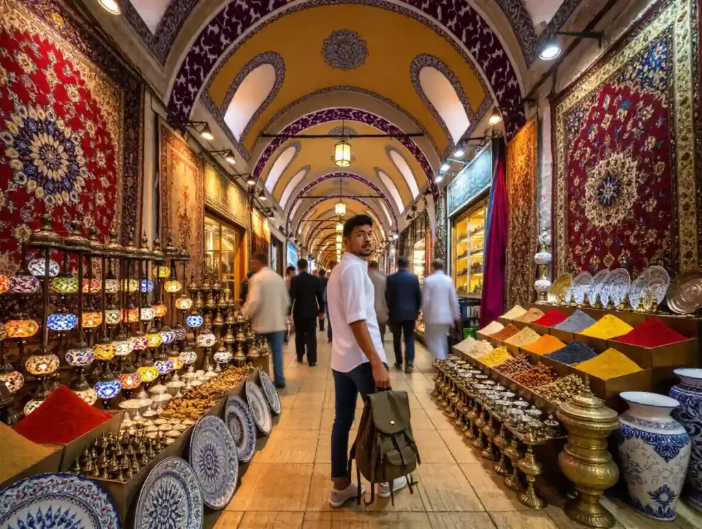 Confused foreign student in Istanbul’s Grand Bazaar trying to understand cultural differences