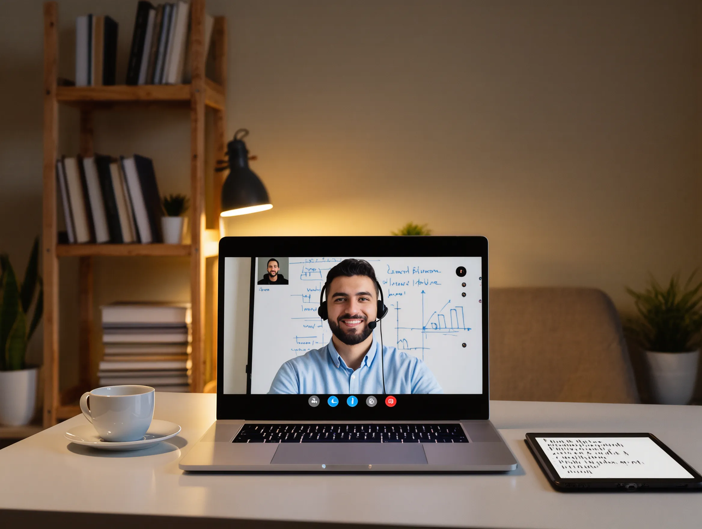 A student studying on a laptop at home with budget-friendly tools like a notebook, mug, and savings jar.