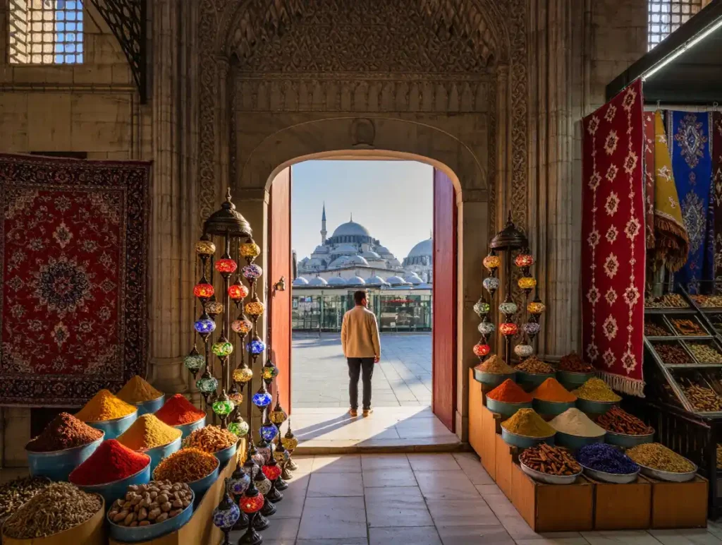 A single traveler experiencing cultural differences in front of Istanbul’s Grand Bazaar