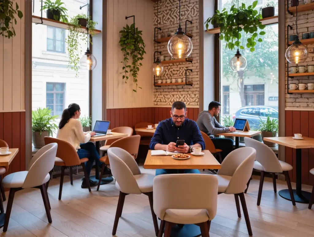 People in a Turkish café using laptops, tablets, and smartphones