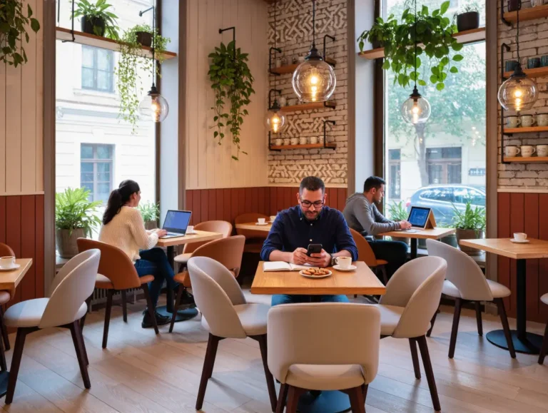 People in a Turkish café using laptops, tablets, and smartphones