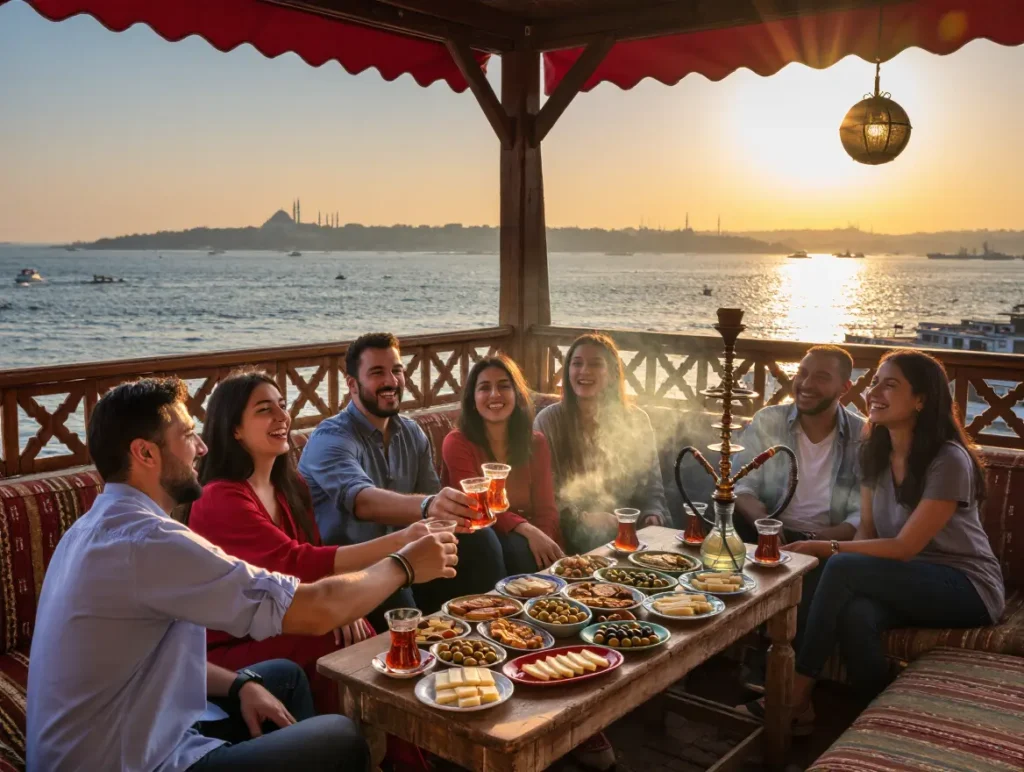 Friends enjoying tea and conversation at a traditional Turkish tea garden by the Bosphorus.