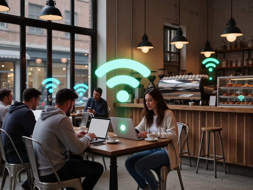 Students using laptops and smartphones in a café with free Wi-Fi in Turkey.