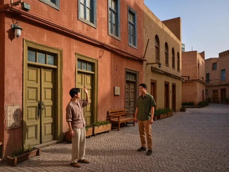 Two people greeting from a distance on a traditional street with a warm hand gesture.