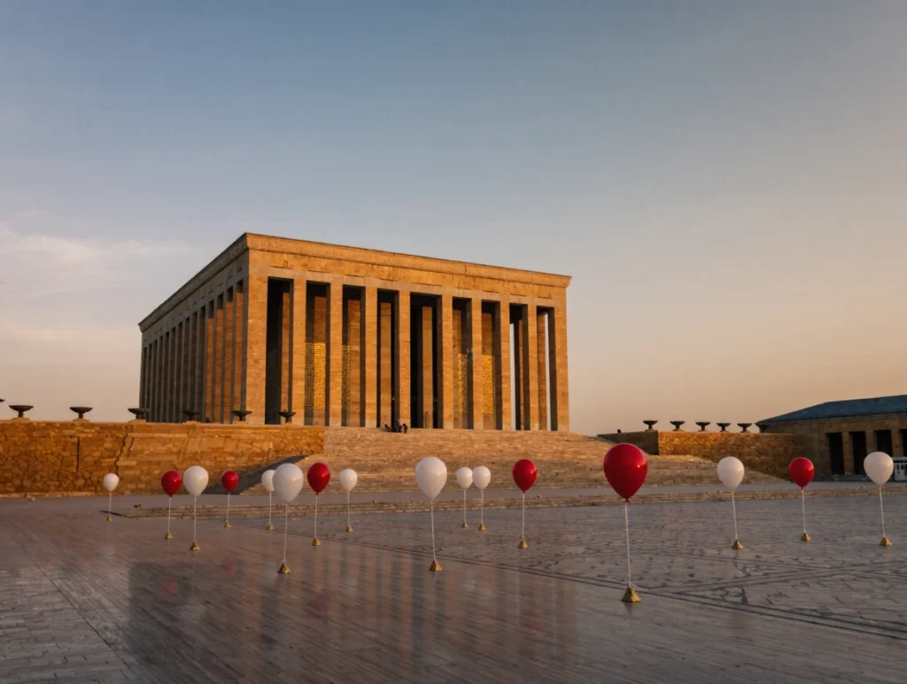 Anıtkabir with red and white balloons at sunset.