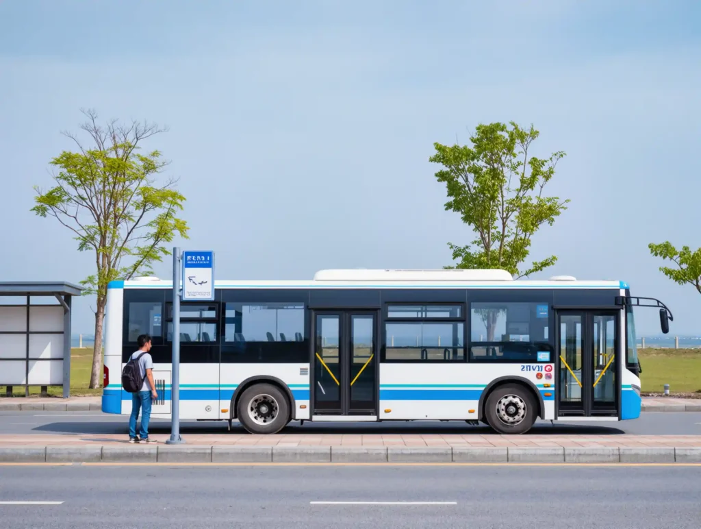 Intercity bus and train station in Turkey with travelers carrying luggage.