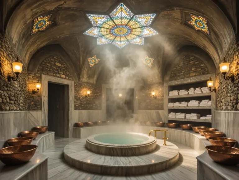 Interior of a traditional hammam with steam, marble platform, stone walls, and copper bathing bowls under star-shaped windows.