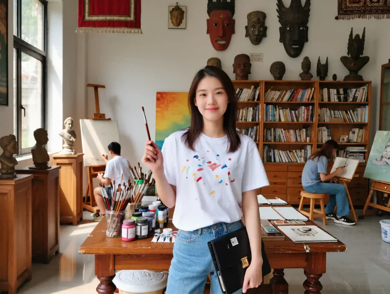 A female student holding a paintbrush in a cozy art studio environment in Turkey