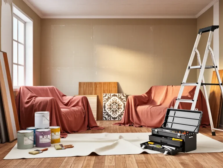 Tools and materials for a home renovation project on a drop cloth in a Turkish living room.