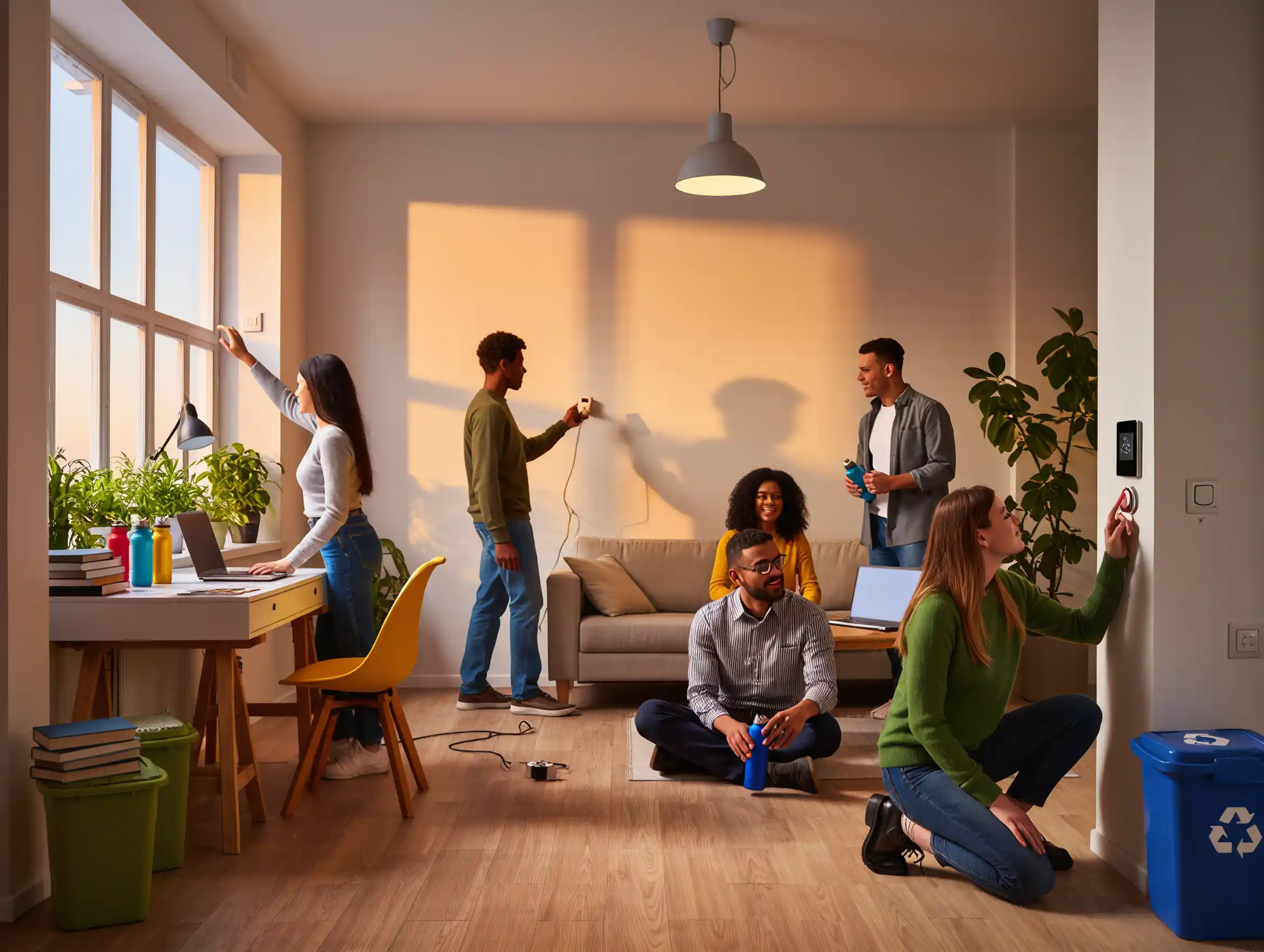 Students saving energy together in a cozy shared apartment.