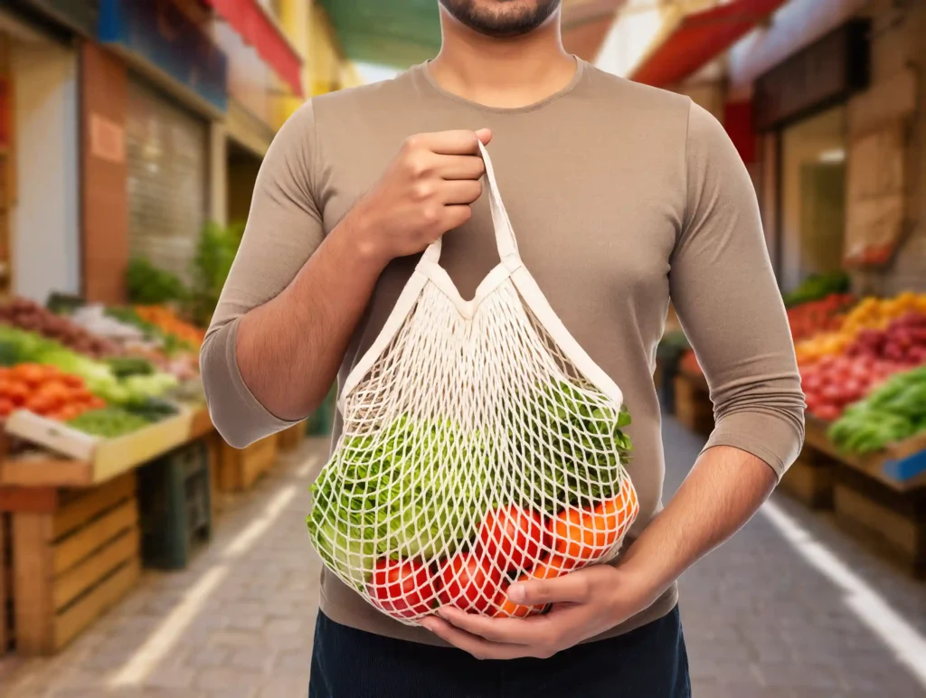 Person holding a reusable mesh bag filled with fresh vegetables at an outdoor market.