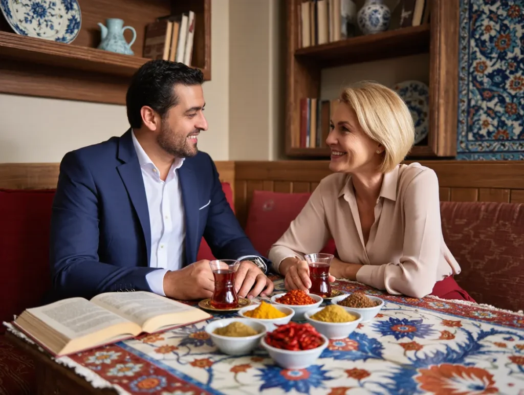 People from different cultures in Turkey sharing tea and developing intercultural skills