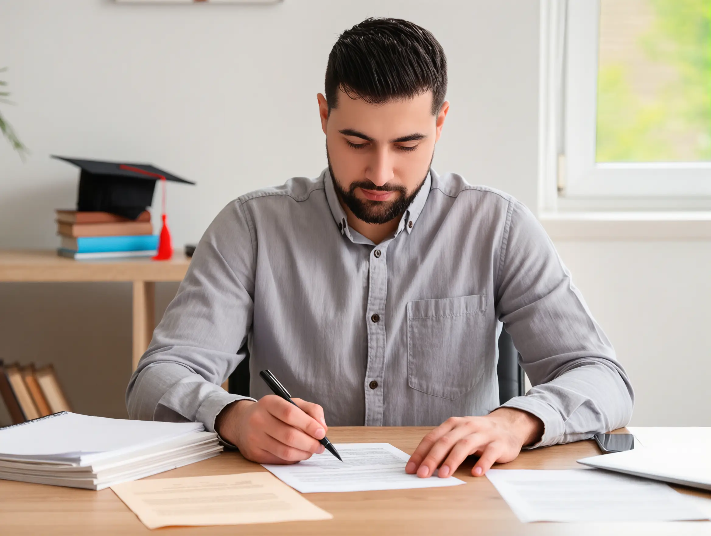 A student writing a motivation letter on a laptop at a study desk
