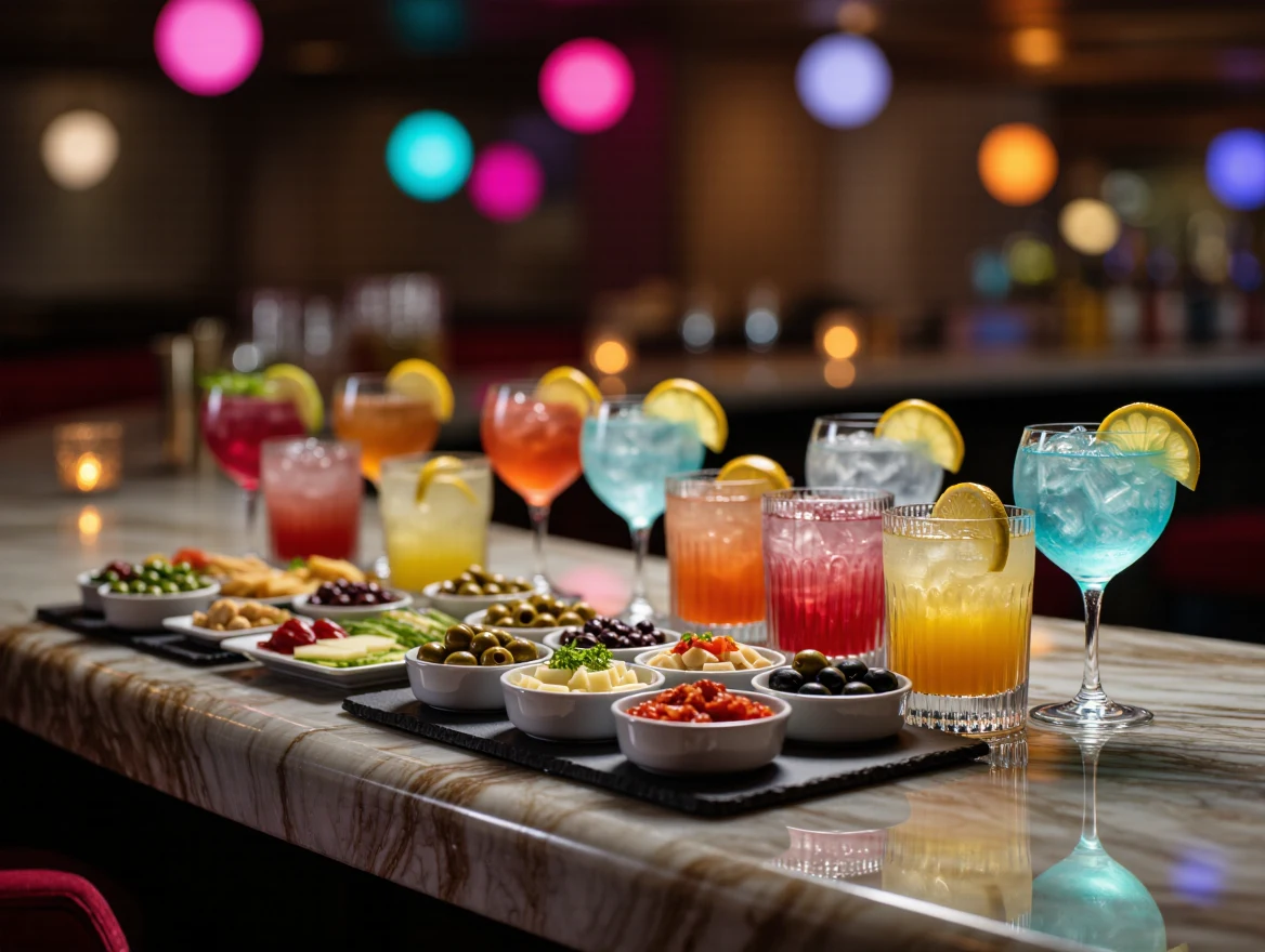 Colorful cocktails and meze on a lit marble bar counter with blurred nightclub lights in the background.