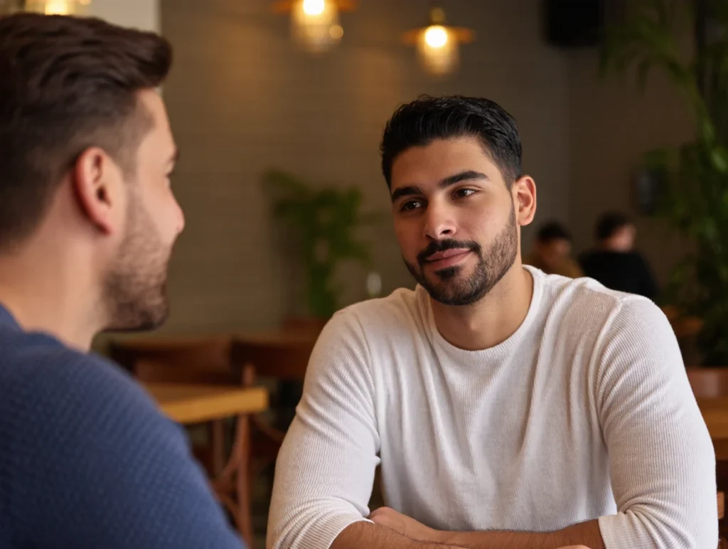 A traveler and a local conversing in a café, symbolizing language learning and cultural exchange.