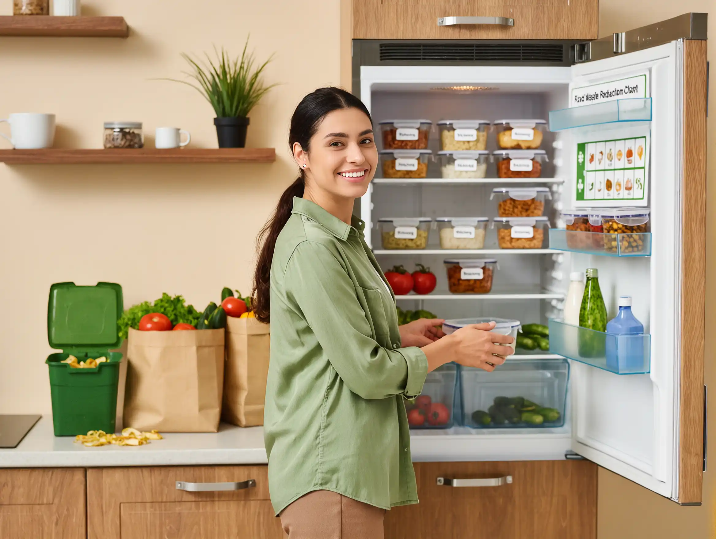 A woman placing food into a refrigerator in a clean and organized kitchen.