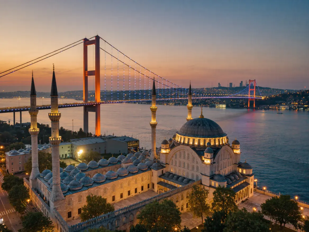 A serene landscape of the Istanbul Bosphorus with a bridge and a historic mosque silhouette, symbolizing religious sensitivity and respect in Türkiye.