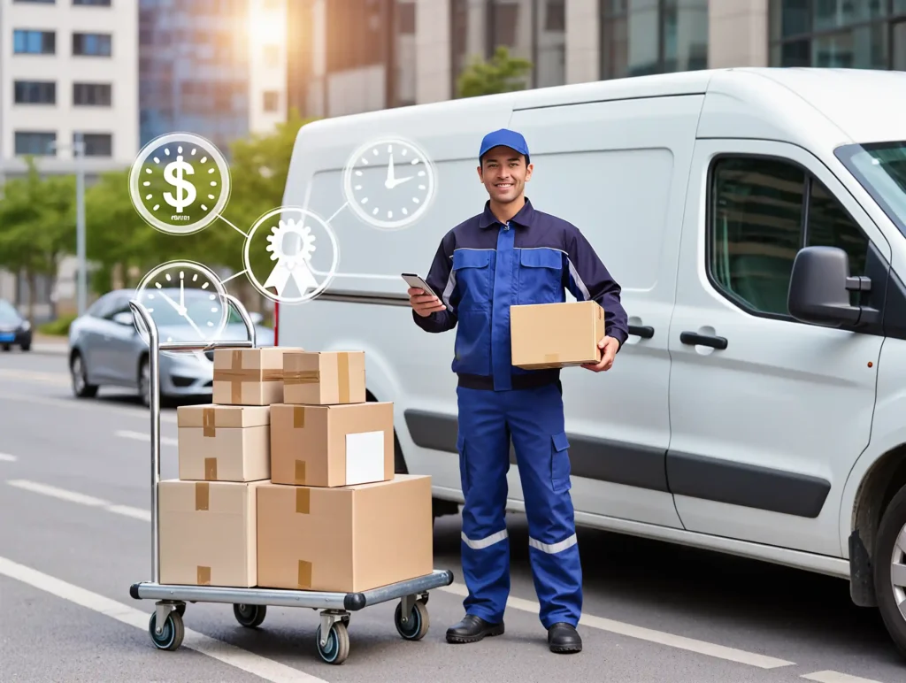 A delivery truck and courier handing over a package in a Turkish city street.