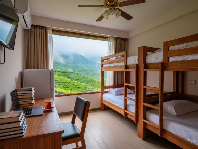 Interior of a bunk bed room with study desk and mini-fridge in a Rize state dormitory, overlooking tea plantations.