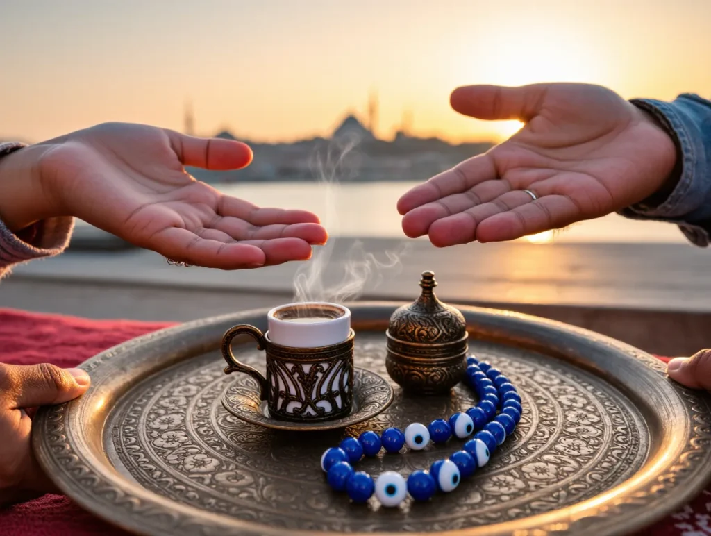 Turkish cultural values and social norms illustration with traditional symbols