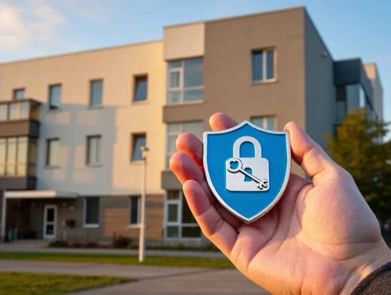 A hand holding a security emblem with a student apartment building in the background.