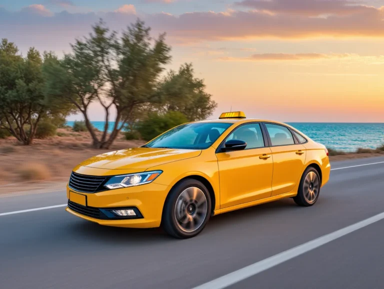 Yellow car speeding on a blurred coastal road in Turkey