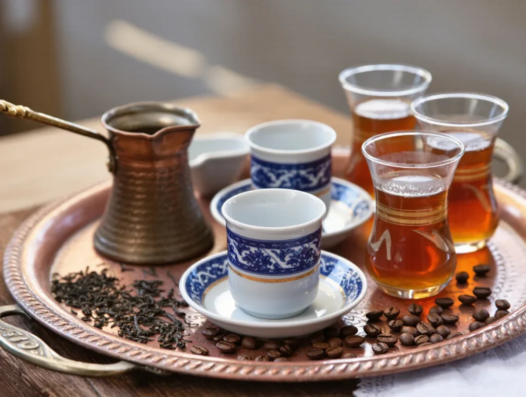 Traditional Turkish coffee and tea set with cezve, cups, and glasses on a copper tray