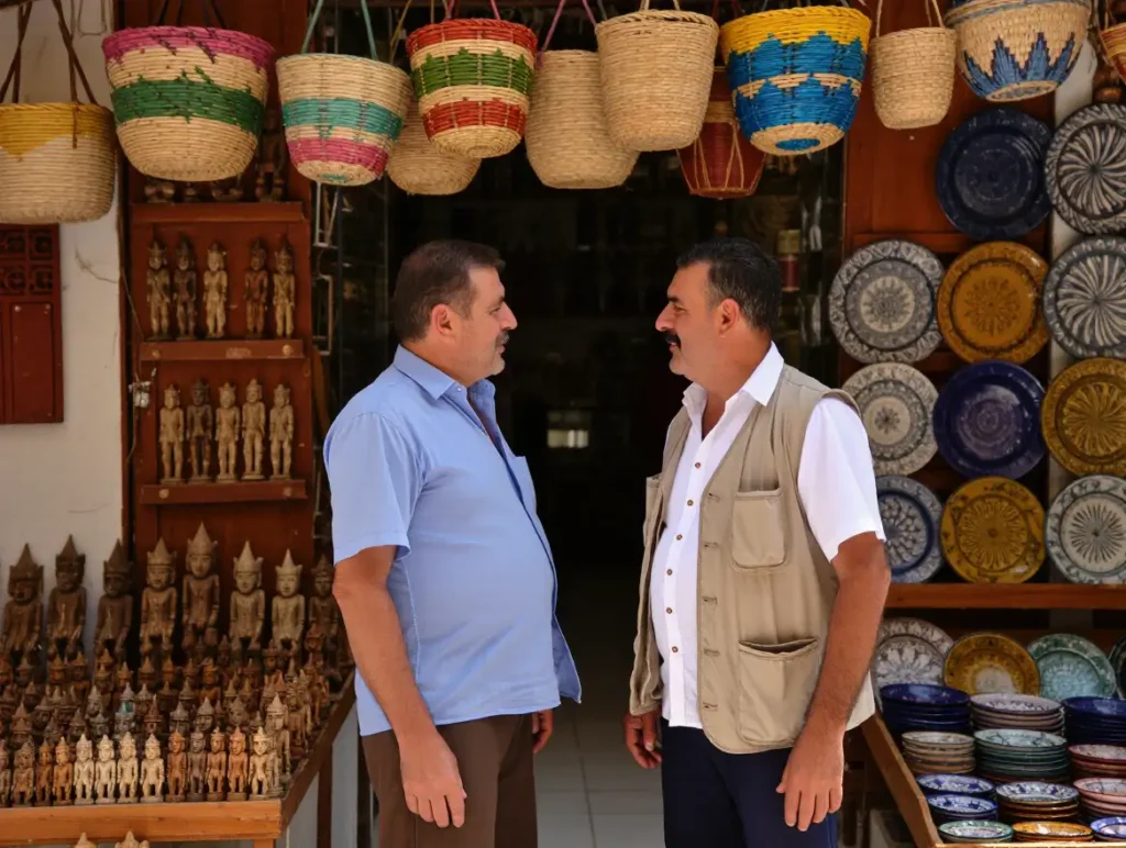 Two shopkeepers chatting in front of a traditional Turkish market stall