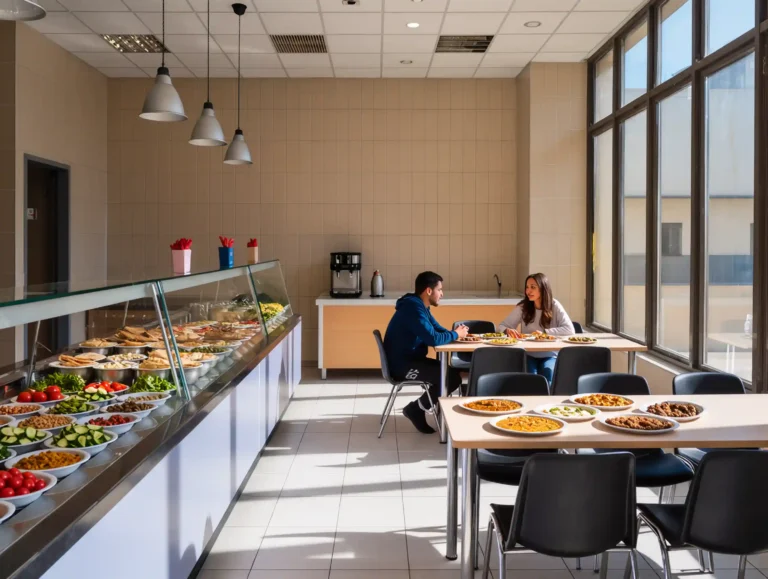 Students dining and socializing in a bright Turkish university cafeteria.