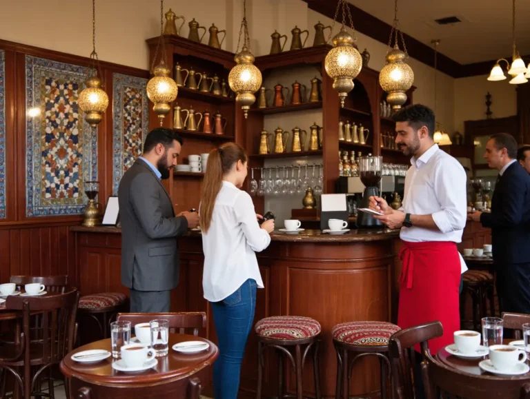 Two customers trying to tip the waiter in a Turkish café.