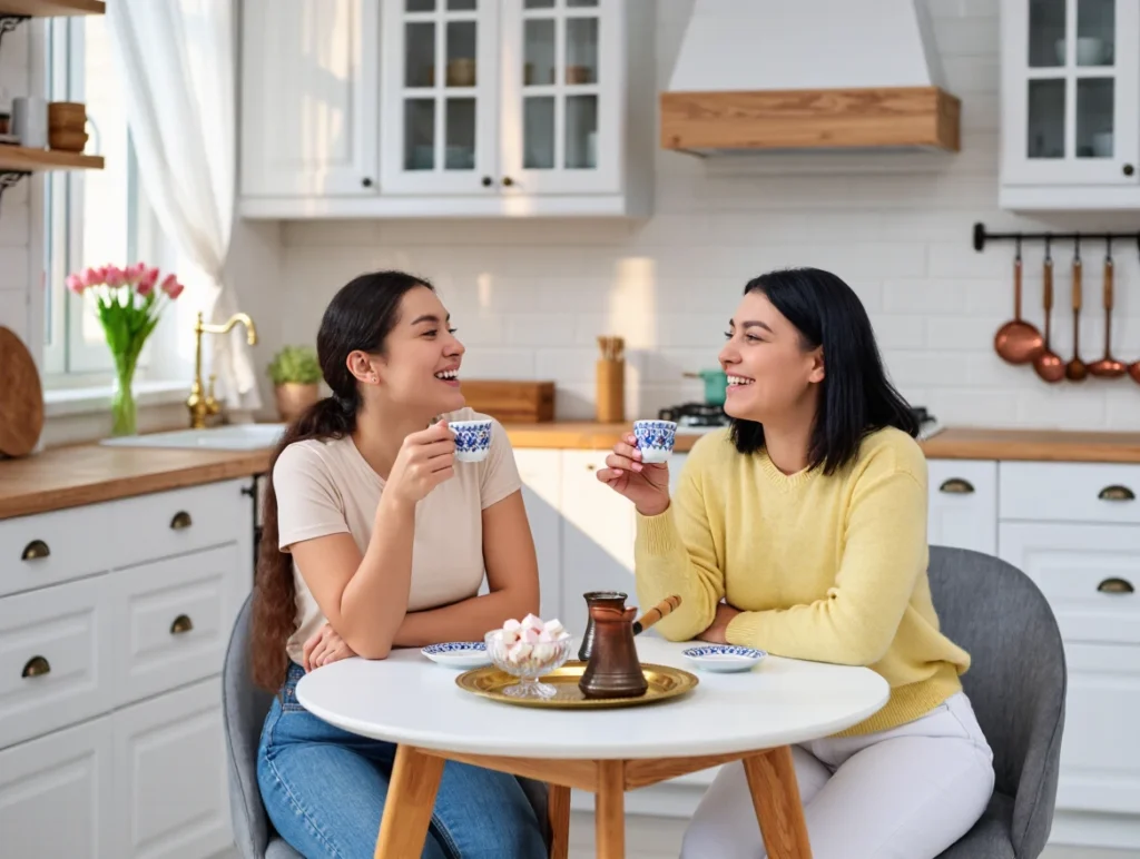 Two women sitting at a table, enjoying coffee together.