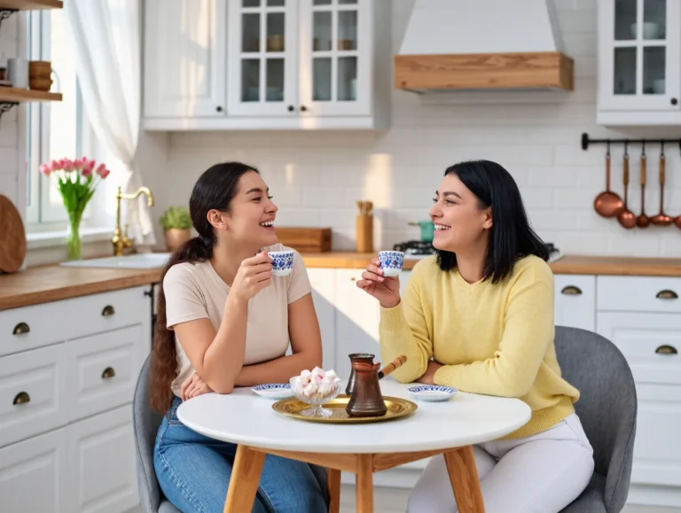 Two women sitting at a table, enjoying coffee together.