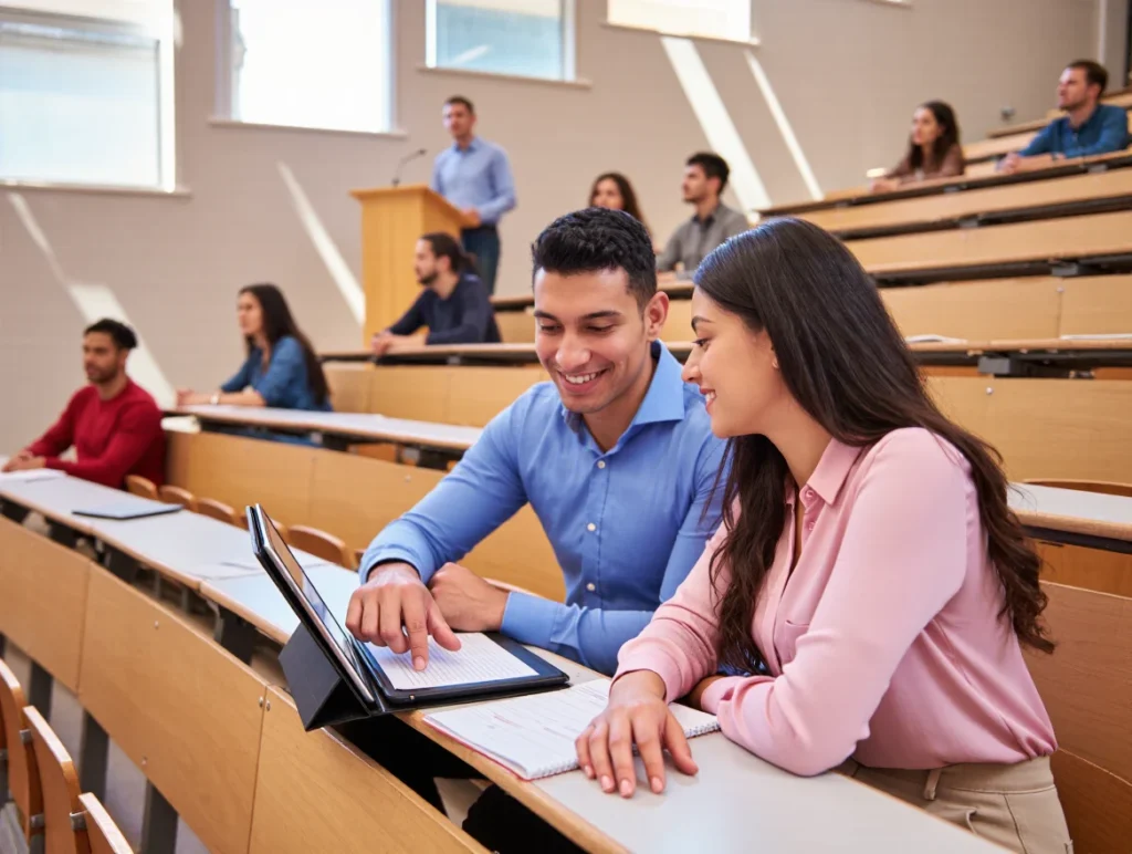University students interacting in a Turkish classroom