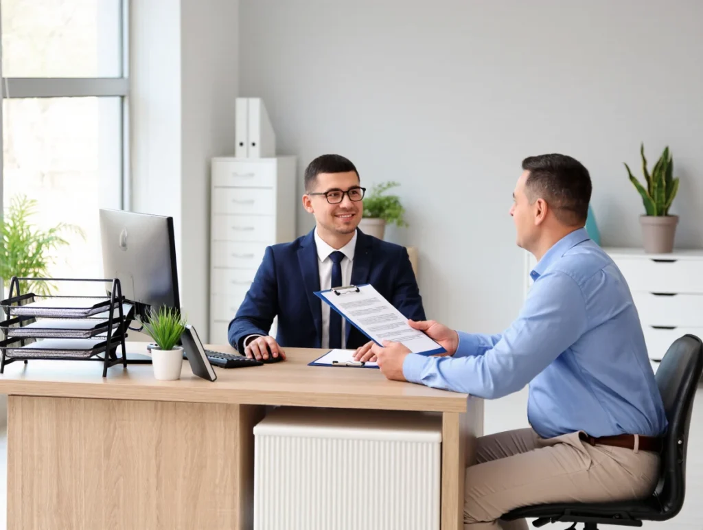 Government employee assisting a citizen at a desk in a Turkish office