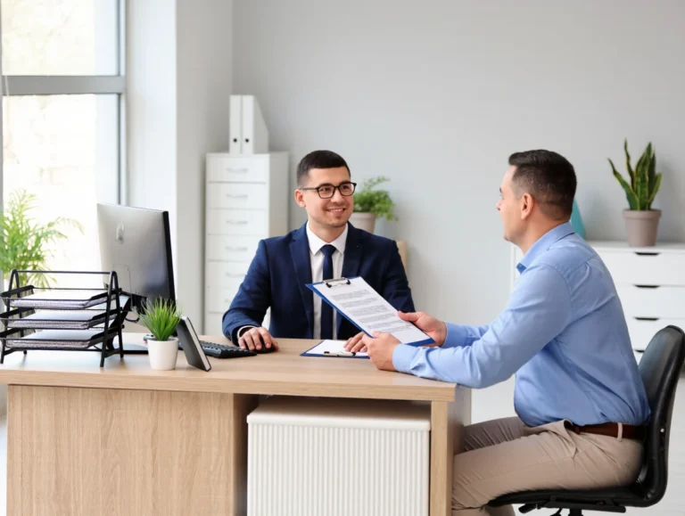 Government employee assisting a citizen at a desk in a Turkish office