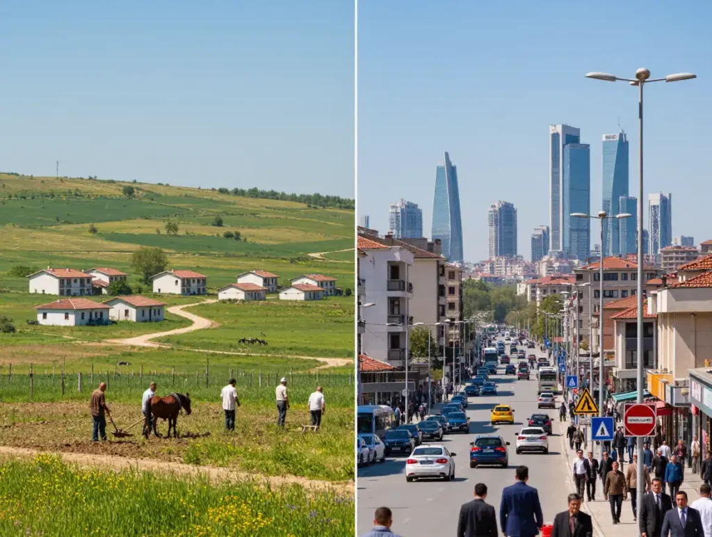 A scene showing the contrast between rural and urban life in Turkey.