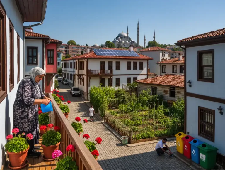 Traditional Turkish neighborhood with eco-friendly practices in Istanbul