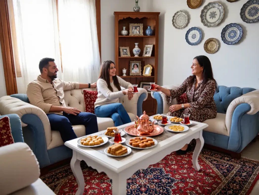 Guests and family sharing tea and snacks in a Turkish living room