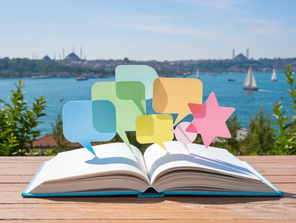 Open book with speech bubbles symbolizing dialects, Bosphorus in the background