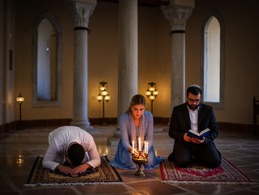"A scene in Turkey showing religious diversity among historic buildings.