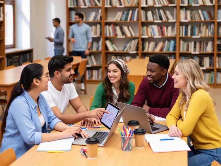 Diverse university student group collaborating on project in Turkish campus