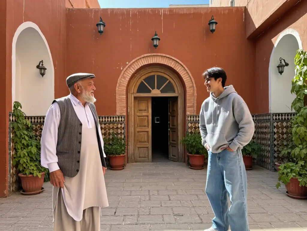 Elderly and young Turkish people interacting in a courtyard, blending tradition and modernity