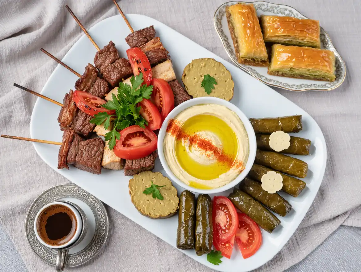 A plate of Turkish street food showcasing various local delicacies.