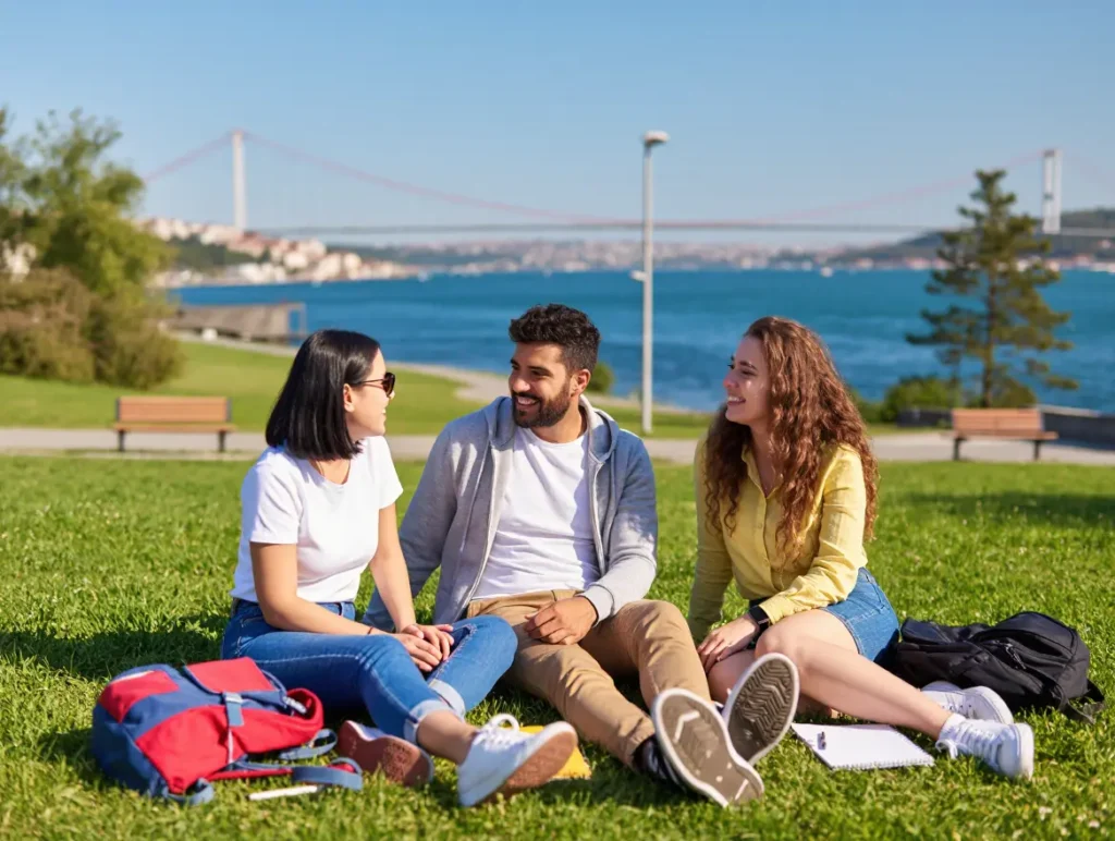 University students sitting by the Bosphorus, symbolizing intercultural friendship