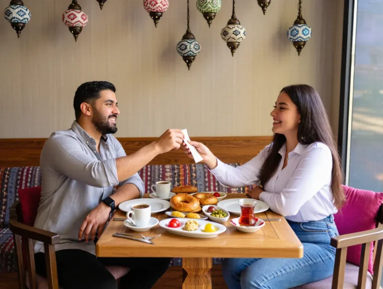 Two friends playfully trying to pay the bill together at a Turkish café