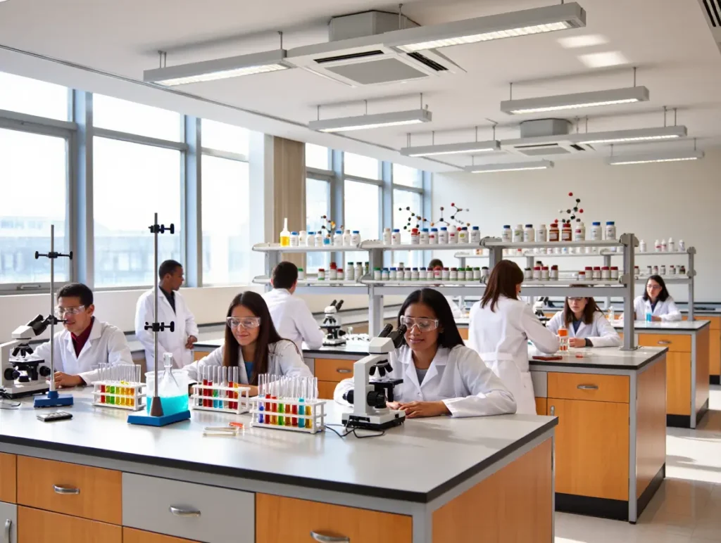 A group of international pharmacy students in a bright university laboratory in Turkey, wearing white lab coats and safety glasses, working with test tubes and microscopes.